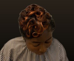 Copper pin curl updo, top view